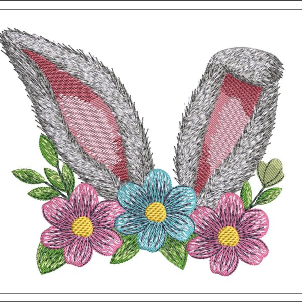 Bunny Ears With Spring Flowers Embroidery Design