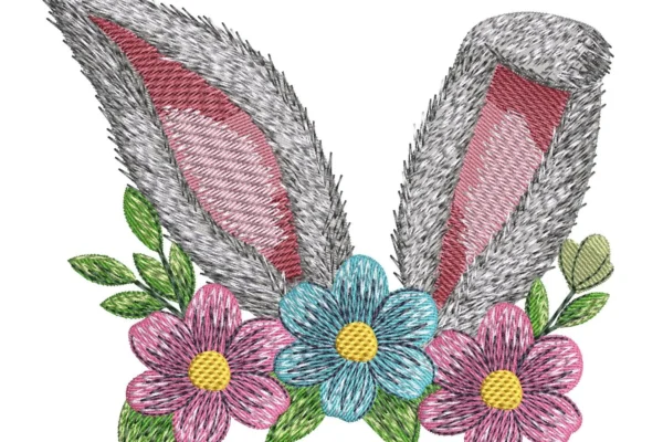 Bunny ears embroidery design - spring flowers embroidery pattern