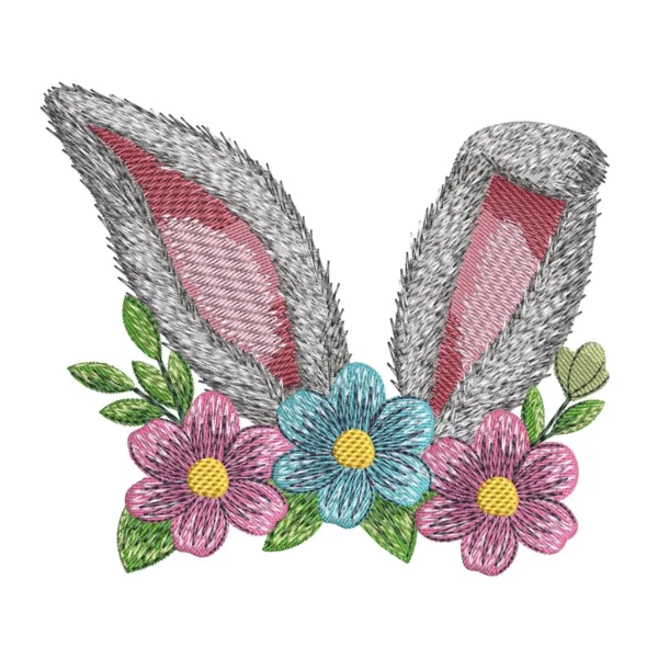 Bunny ears embroidery design - spring flowers embroidery pattern