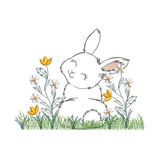 Bunny in the field embroidery - cute bunny embroidery design - spring flowers embroidery pattern 1