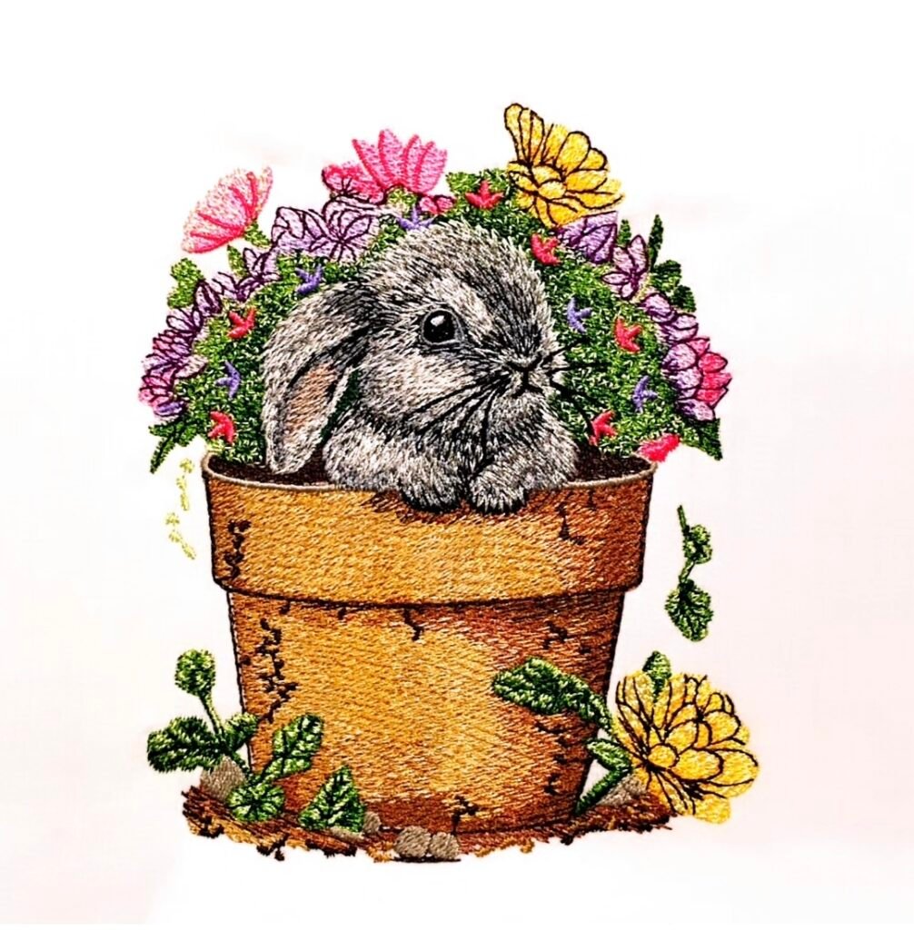 Bunny in a flowerpot embroidery design