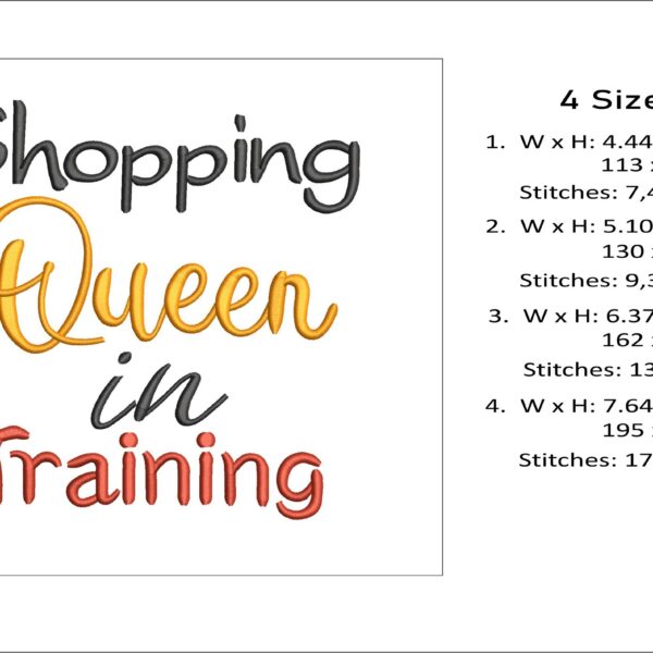 Shopping Queen in training embroidery design