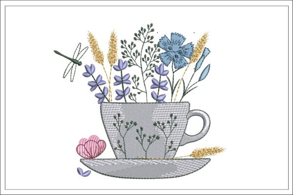 Tea cup wild flowers embroidery design