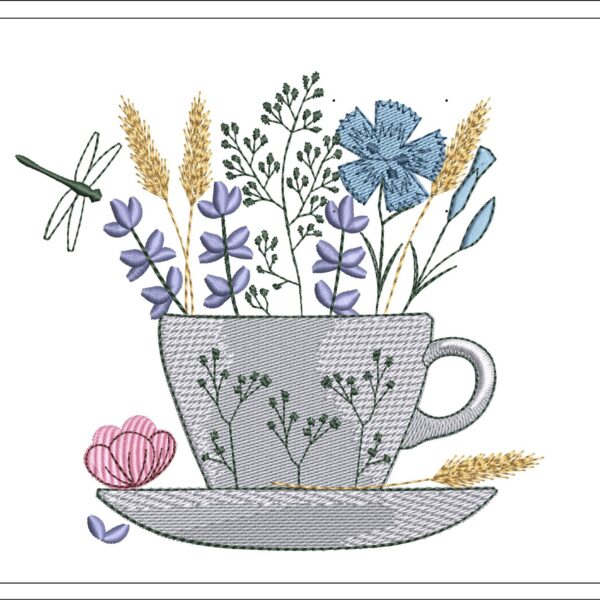 Tea cup wild flowers embroidery design