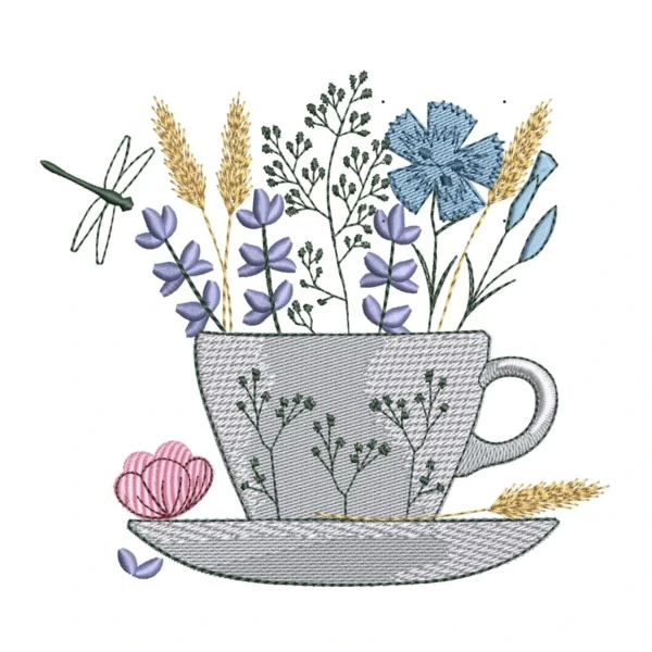 Tea cup embroidery design - herbs embroidery - wildflowers embroidery design