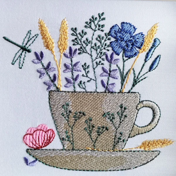 Tea cup embroidery design - herbs embroidery