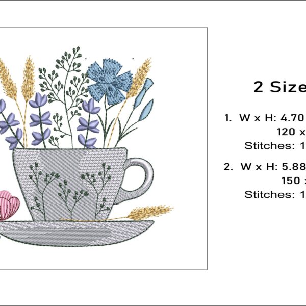 Tea cup wild flowers embroidery design