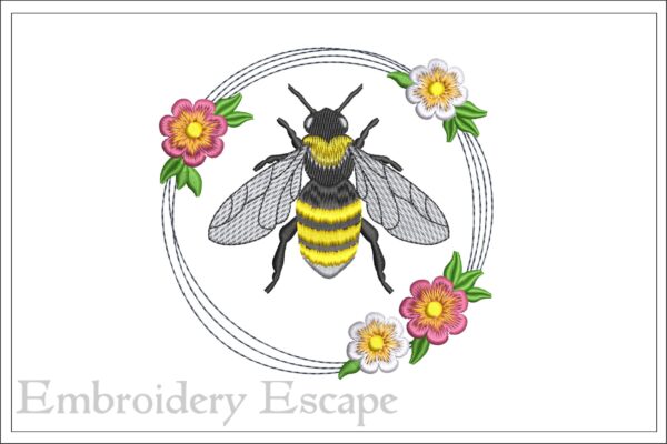 Floral wreath and bee embroidery design
