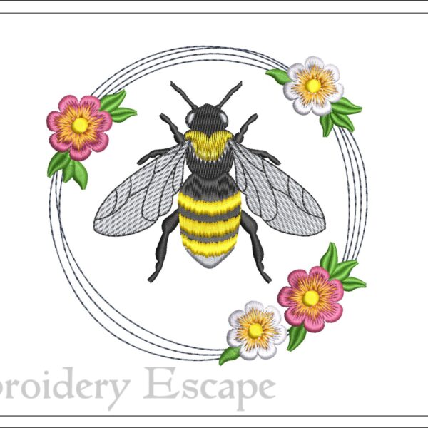 Floral wreath and bee embroidery design