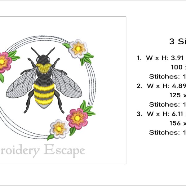 Floral wreath and bee embroidery design