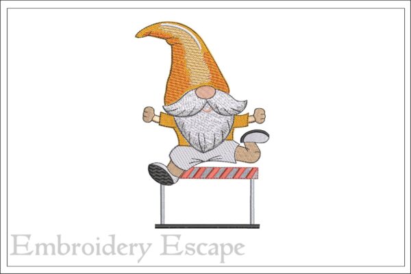 Gnome hurdle jumping embroidery design