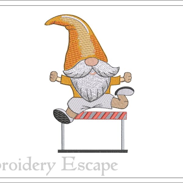 Gnome hurdle jumping embroidery design