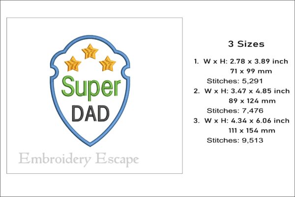 Super dad badge applique embroidery design