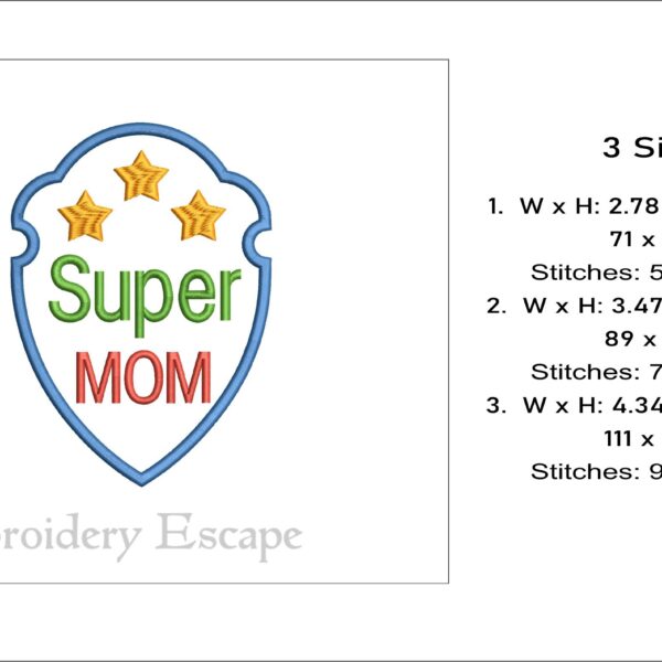 Super mom badge applique embroidery design