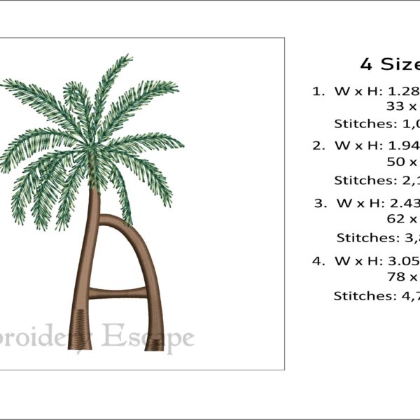 Palm tree letter A embroidery design, uppercase letter