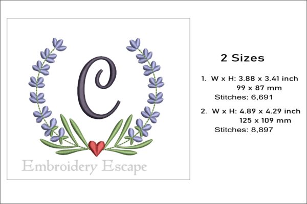 Capital letter C embroidery design, lavender wreath