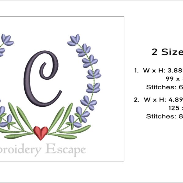 Capital letter C embroidery design, lavender wreath