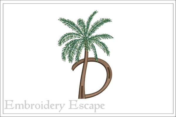 Palm tree letter D embroidery design, uppercase letter