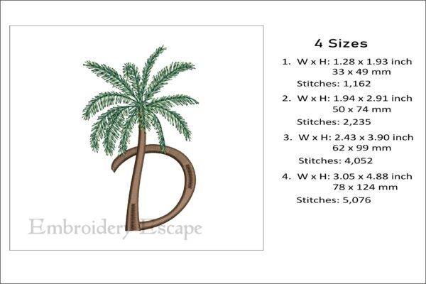 Palm tree letter D embroidery design, uppercase letter