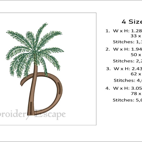 Palm tree letter D embroidery design, uppercase letter