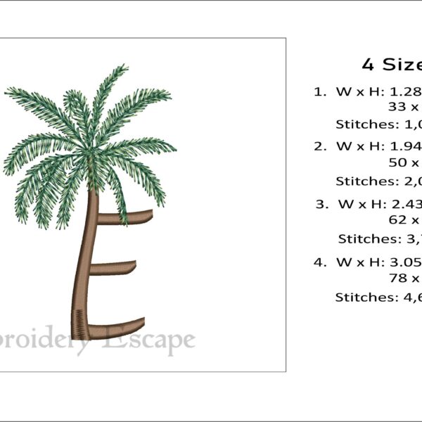 Palm tree letter E embroidery design, uppercase letter