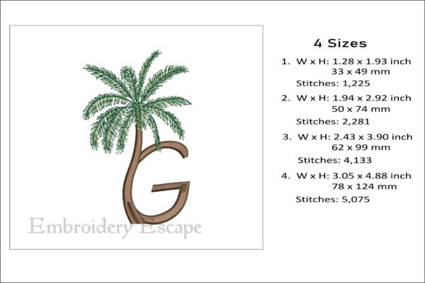 Palm tree letter G machine embroidery design