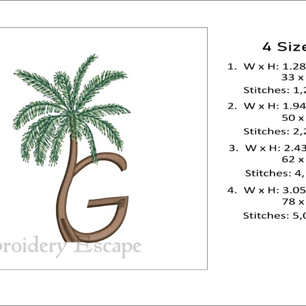 Palm tree letter G machine embroidery design