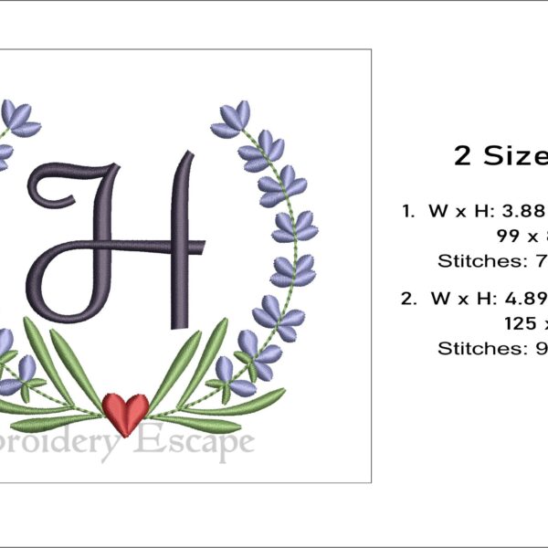 Letter H embroidery design, uppercase letter in a wreath