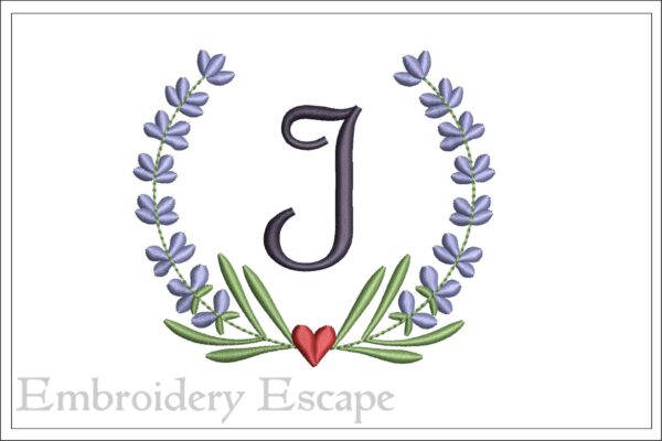 Letter I embroidery design, uppercase letter in a wreath