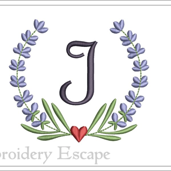 Letter I embroidery design, uppercase letter in a wreath