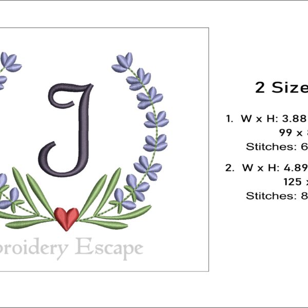 Letter I embroidery design, uppercase letter in a wreath