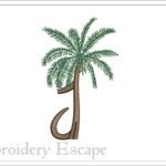 Uppercase Letter J Embroidery, Palm Tree Design