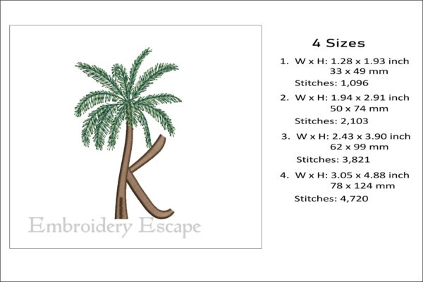 Palm tree letter K embroidery design