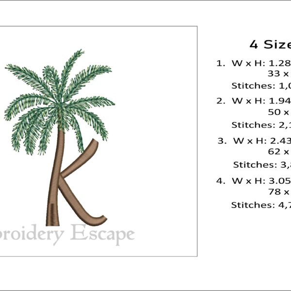 Palm tree letter K embroidery design