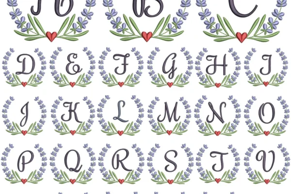 Lavender wreath letters embroidery design - monogram embroidery pattern - alphabet embroidery design