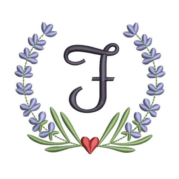 Letter F embroidery design - lavender wreath embroidery design - personalized embroidery pattern