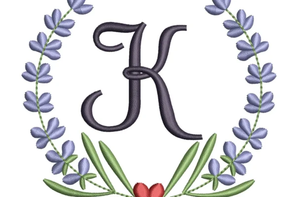 Letter K embroidery design - lavender wreath embroidery design - personalized embroidery pattern