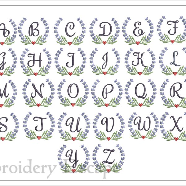 Lavender wreath letters embroidery design