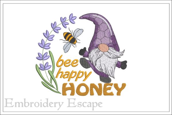 Bee happy honey gnome embroidery design