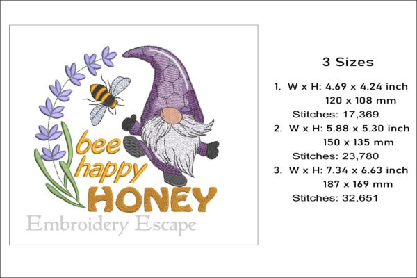 Bee happy honey gnome embroidery design