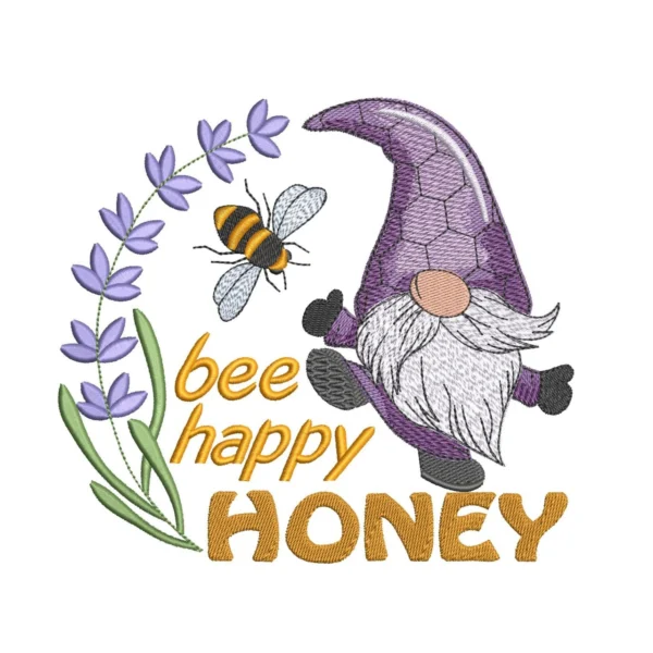 Gnome embroidery design - bee happy honey embroidery pattern