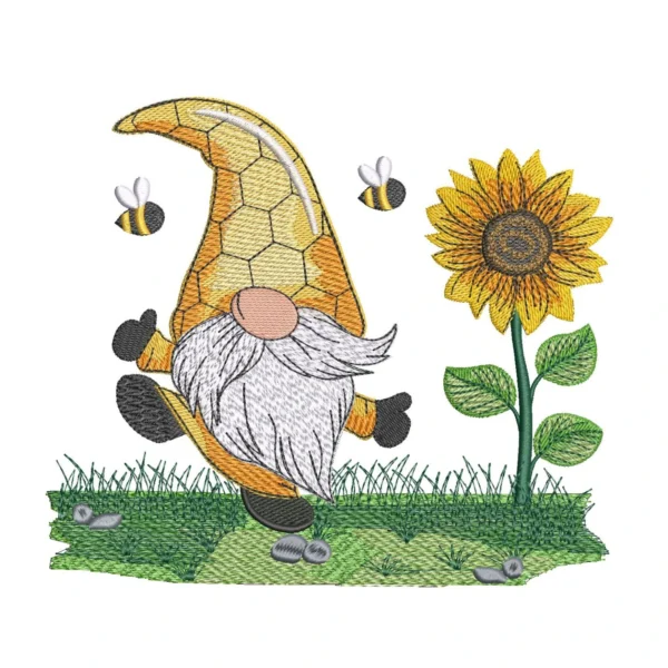Honey gnome embroidery design - happy gnome embroidery - gnome with sunflower embroidery pattern 1