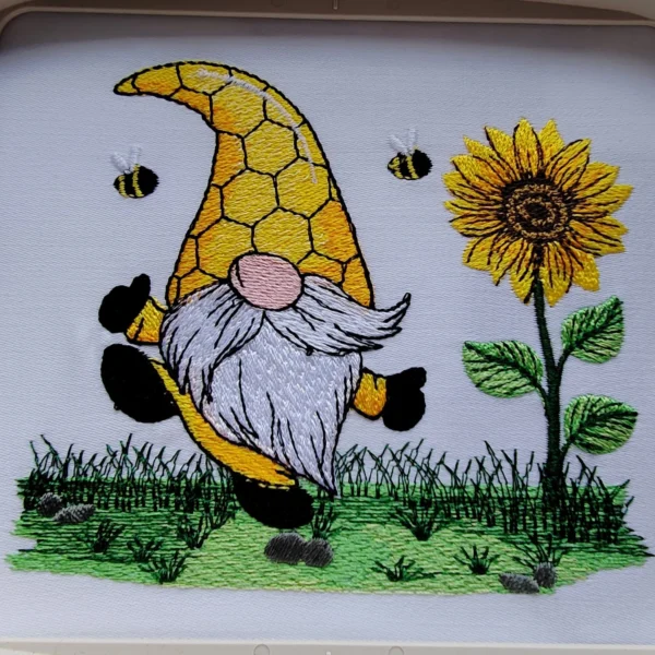 Honey gnome embroidery design - happy gnome embroidery - gnome with sunflower embroidery pattern