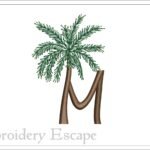 Uppercase Letter M Embroidery, Palm Tree Design