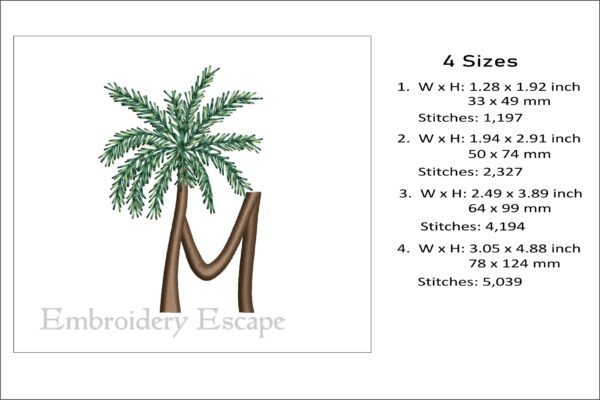 Palm tree letter M embroidery design