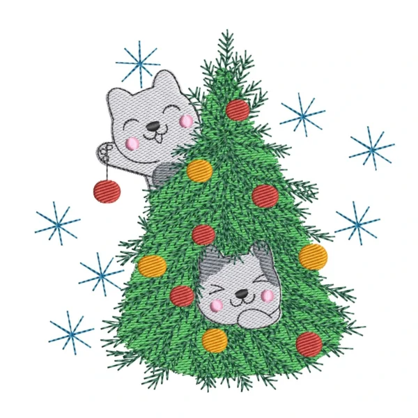 Christmas tree embroidery design - christmas cats embroidery design - Christmas embroidery pattern 1