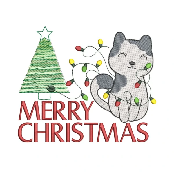 Merry Christmas embroidery design - Christmas cat embroidery -cat and Christmas tree embroidery