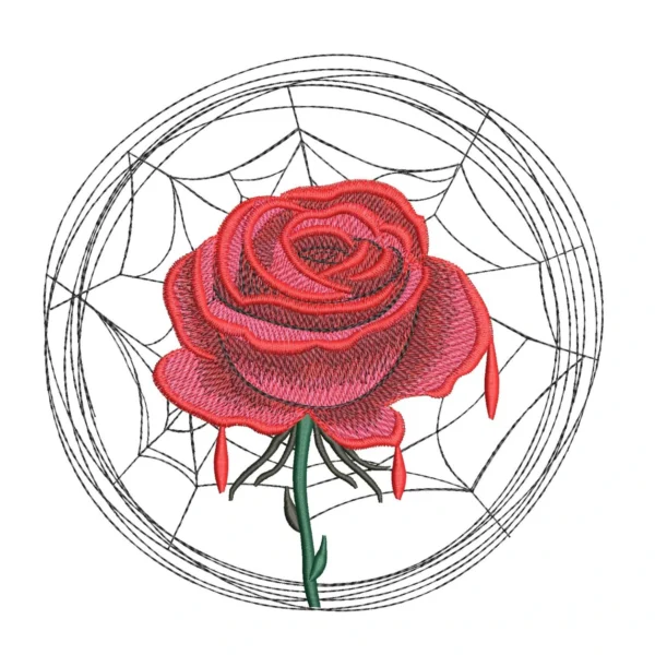 Rose in spiders web embroidery design - red rose embroidery - floral embroidery pattern 1