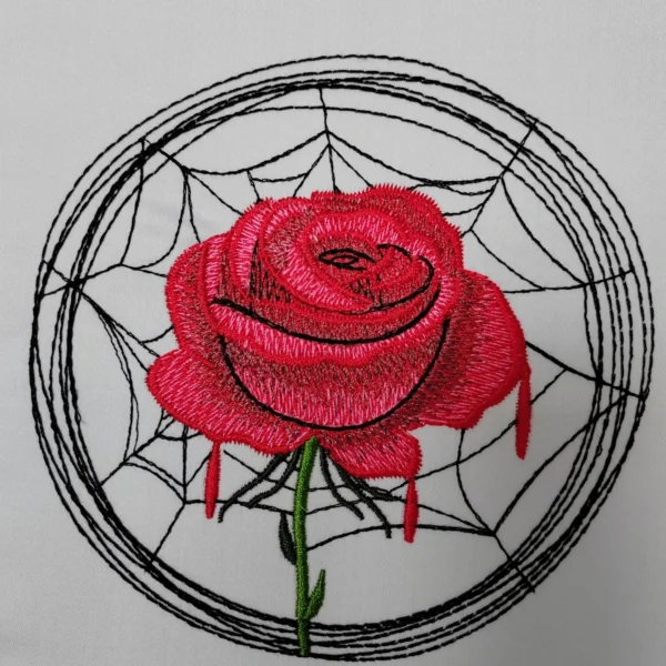 Rose in spiders web embroidery design - red rose embroidery - floral embroidery pattern