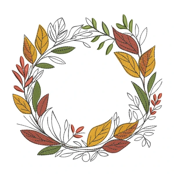 Whimsical Autumn wreath embroidery design - leaves embroidery pattern - Fall embroidery